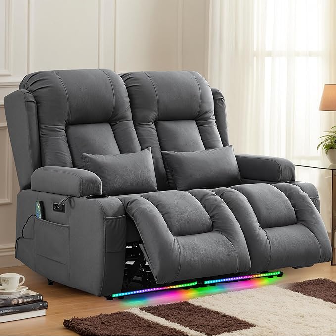 TUNYI Wall Hugger Loveseat Recliner Sofa with Massage &amp Heat Power Reclining Loveseat RV Couch with USB/Outlet/Storage/LED Light/Speaker (Grey)