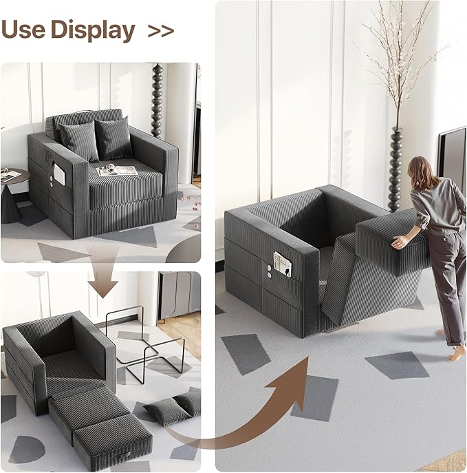 Claiks Convertible Sofa Bed2 in1 Folding Sofa BedArmchair Sleeper Sofa Boneless Corduroy Couch with 2 Pillows Pillows for Living Room BedroomDark Grey