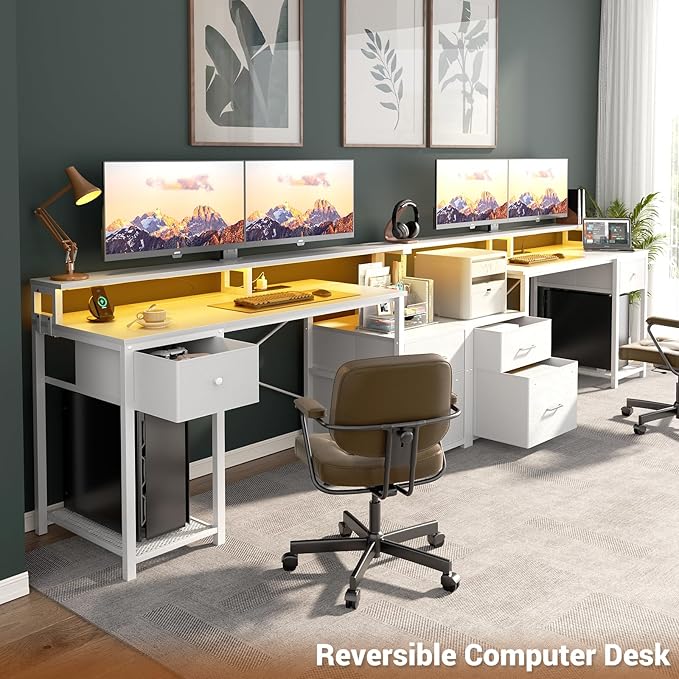 Aheaplus Computer Desk with 3 Drawers Home Office Desk with File Drawer &amp Power Outlet 59'' Gaming Desk with Led Lights Long Work Desk with Storage Shelves Printer Cabinet and Monitor Shelf W