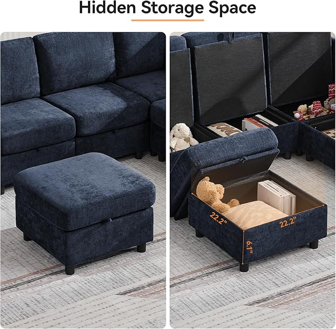104'' V Shaped Modular Sofa Sectional Couch with Storage for Living Room Modern 7 Seater Cloud Sectional Couch with Movable Ottoman Chenille Navy