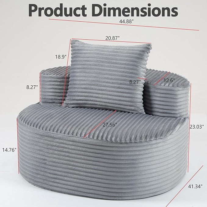 45 Oversized Round Chair Boneless Reading Chair with Comfy Pillow for Living Room Circle Cloud Chair for AdultsCorduroy Memory Foam Large Seat No Assembly Required (Grey)