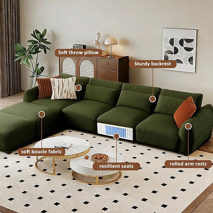 U Shaped Cloud Sectional Convertible L Shaped Couch with Removable OttomansModular Cloud Couch Sectional for Living Room(4 Set + 2 Ottomans - Green)