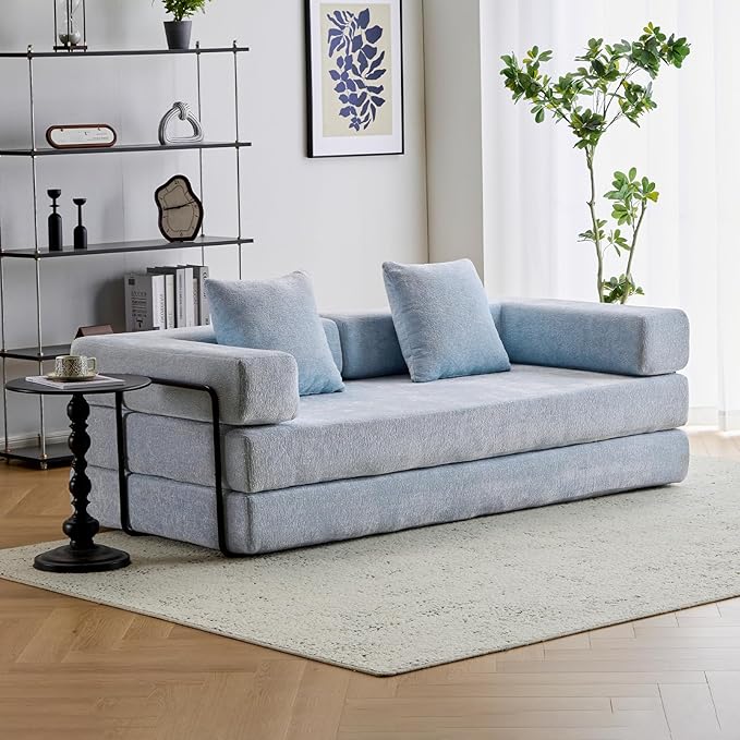 Folding Sofa Bed Modular Sectional Cloud Couch Convertible Sleeper Sofa Bed with Pillow Back Support Armrest for Living Room Bedroom Lounge No Assembly Required Chenille(Light Blue)
