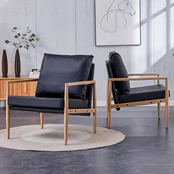 Generic Sofa Chair.Black PU Leather Accent Arm Chair Mid Century Modern Upholstered Armchair with Imitation Solid Wood Color Metal Frame Padded Backrest and Seat Cushion Sofa Chairs for Living Room