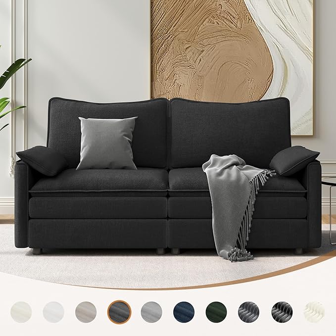 Vesgantti 74 Loveseat Sofa for Living Room Comfy Cloud Couch Deep Seat Chenille Modern 2 Seater Small Sofa with Armrest Pillow Easy Assembly for Small Spaces Black
