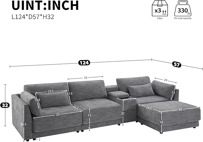 Merax Modern Oversized L-Shaped Sectional Sofa with Ottoman USB Charging Port &amp Storgae Drawers Chenille Reversible Couch Set with 4 Pillows for Living Room Easy Assemble Gray