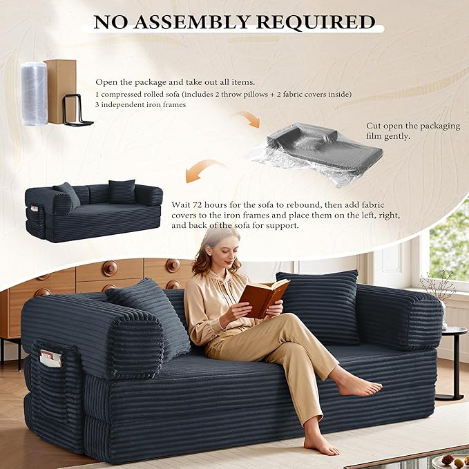 Boneless Couch Folding Couches for Living Room Sofa Futon Sofa Bed with Sleeper Sofa Futon Couch with Fixed-Shape Oversized Corduroy Upholstered (Dark Gray 81 Inches)