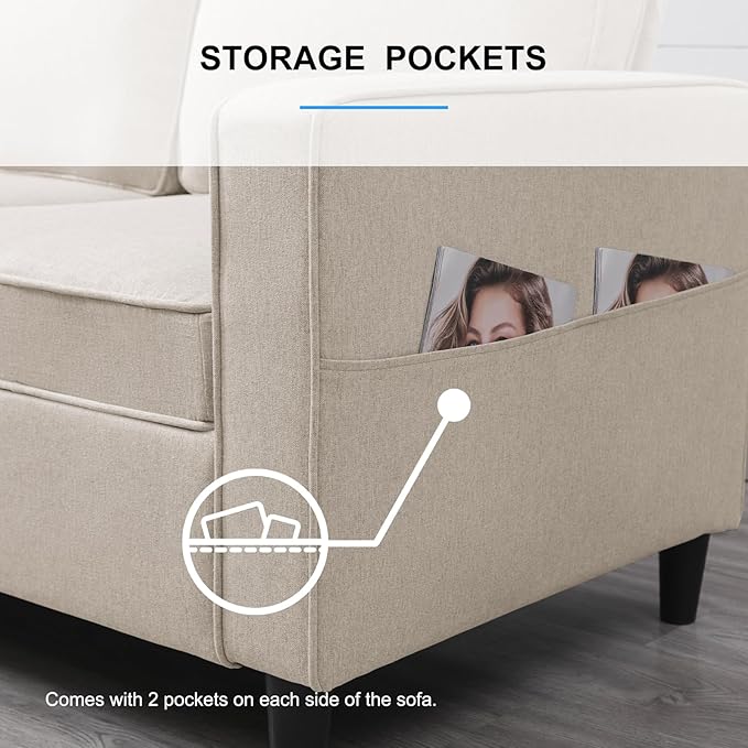 PUREMIND 2 Pcs Sofa Set Couches Set w Wooden Sofa Legs Linen Living Room Furniture w Storage Ottoman Storage Pockets Thicken Cushion Sectional Sofas Includes 3-Seater+ Armchair Beige