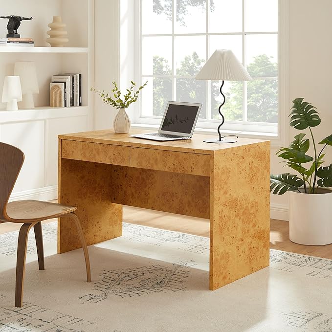 Modway Hudson Burl Wood Desk with Drawers in Natural - Modern Writing Desk - Narrow Home Office Desk - Vanity Table Without Mirror