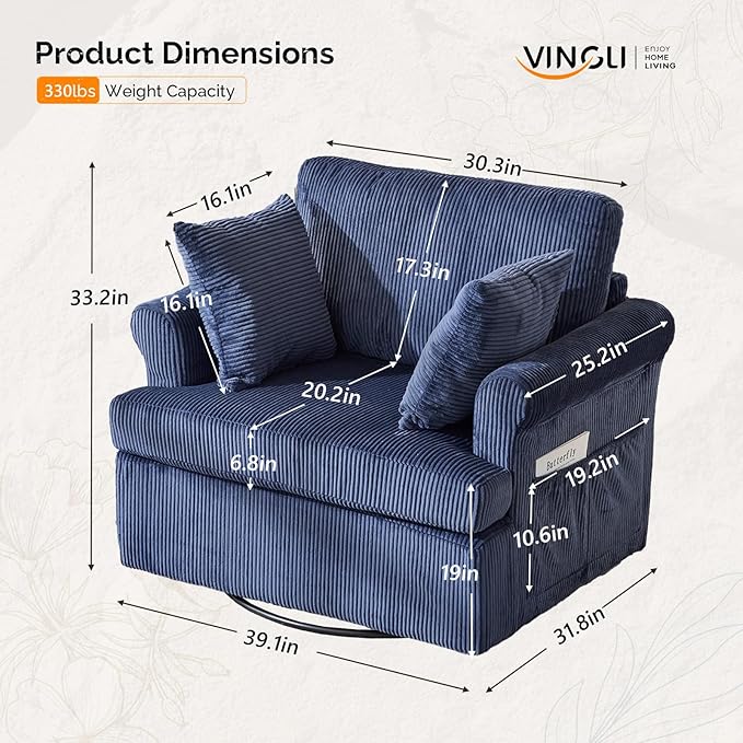 VINGL 39.2 Wide 360° Swivel Accent Armchair with 2 Pillows Oversized Single Sofa Chair and a Half with Side Pockets and Wide armrest for Living Room Bedroom Reading Room Corduroy Blue