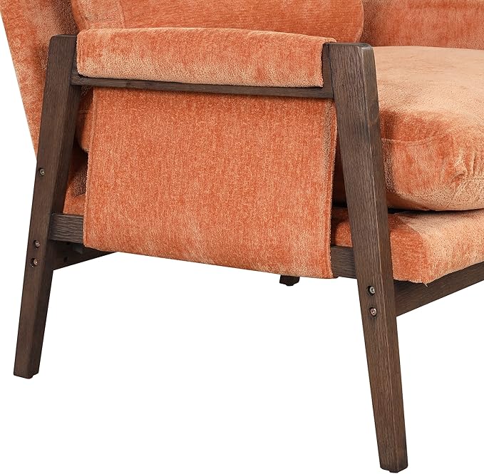 Modern Velvet Accent ChairMid-Century Leisure Chair with Solid Wood and Thick Seat Cushion Living Room Chair for Bedroom Studio Balcony or Club (Orange/Velvet)