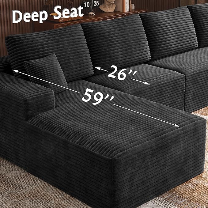 3-Piece Boneless Modular Sectional Sofa Cloud Couch with Left Facing Chaise Oversized Deep Seat Soft Corduroy Fabric Sectional Couch for Living Room-blackb
