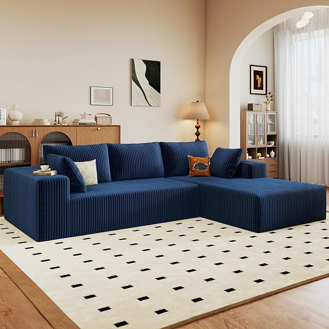 96 Modular Sectional Sofa Modern Corduroy Cloud Couch with Deep Seat Boneless Couch Upholstered 3-Seater L-Shaped Sofa for Living Room No Assembly Required (Blue Right-Facing Chaise)