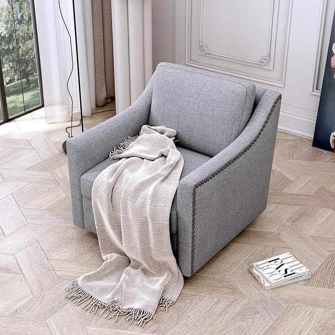 360 Degree Swivel Armchair Cotton Linen Skin Friendly Fabric Ergonomic Design Brass Nail Decorative Armchair Living Room Chairs Bedroom Chairs Living Room Chairs Black Legs Suitable for Indoor Homes