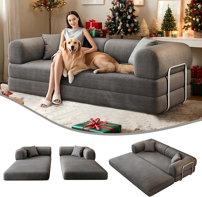 4-in-1 Corduroy Convertible Sleeper Sofa Bed 78.8 Boneless Couch with Pull-Out Bed No Assembly Required Futon Loveseat Floor Mattress with Stainless Fixed-Shape Frame for Living Room (Grey) | Clou
