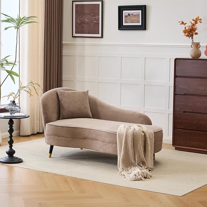 Christopher Knight Home Harlow Velvet Upholstered Chaise Lounge Chair Indoor Wooden Chaise Lounge Sofa with Accent Pillow Living Room Lounge Chair with Left Armrest Camel