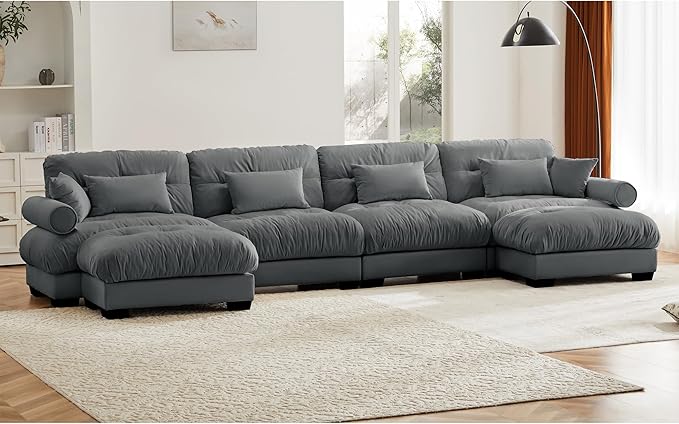 Oversized Modular Sectional Sofa 166 Inch U Shaped Couch Set for Living Room 4-Seater Comfy Velvet Cloud Couches with Movable Ottoman Round Bolster Armrest Grey