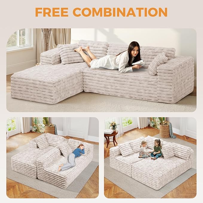 LUCKLIFE 105” Sectional Boneless Couch Modular Cloud Corduroy Fabric Sofa for Living Room Bedroom with Deep Seat Wide Arms and High-Density Foam No Assembly (GB L Shape with Left Facing Chaise)