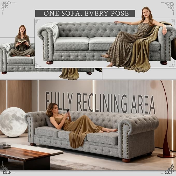 Dreamzie 89 Chesterfield Sofa Couch 3-Seater Linen Vintage Couch Mid Century Modern Sofa with Rolled Arm for Living Room Office Light Gray