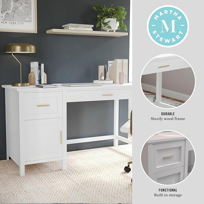 Martha Stewart Hutton Shaker Style Home Office Desk with Storage in White with Polished Brass Hardware
