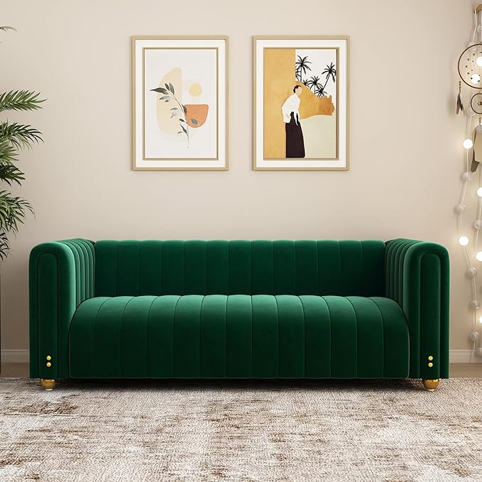 Green Velvet Couch Sofa Loveseat 81.3 Wide Mid Century Modern Couch Small Spaces Love Seat Tufted Chesterfield Velvet Sofa Futon with Gold Leg Comfy 3 Seat Extra Deep Sofas Couches for Living Room