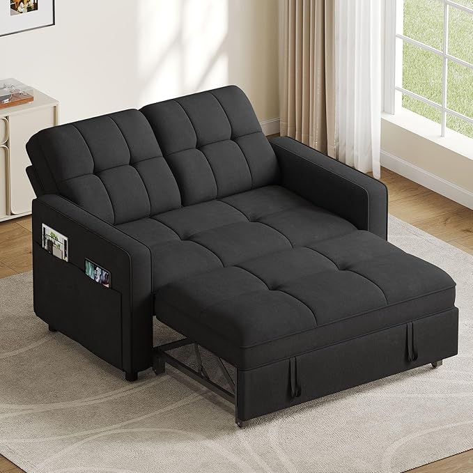 DWVO 3 in 1 Convertible Sleeper Sofa Bed 55 Pull Out Sofa Bed with Adjustable Backrest and USB Velvet Futon Couch with Side Pockets for Living Room Black