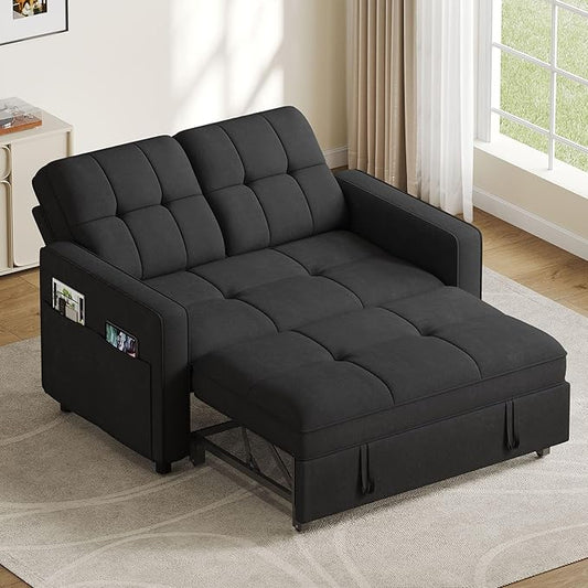 DWVO 3 in 1 Convertible Sleeper Sofa Bed 55 Pull Out Sofa Bed with Adjustable Backrest and USB Velvet Futon Couch with Side Pockets for Living Room Black