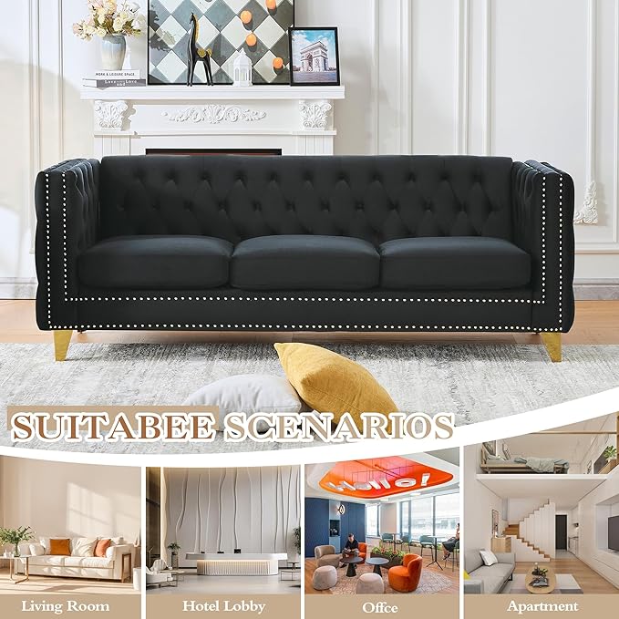 2 Piece Chesterfield Sofa Comfy Velvet Tufted Mid Century Modern Couch Set Cloud Futon Loveseat Gold Legs &amp Nailhead Deep Seat Sofas for Living Room Office (Black Couch and Loveseat Set of 2)