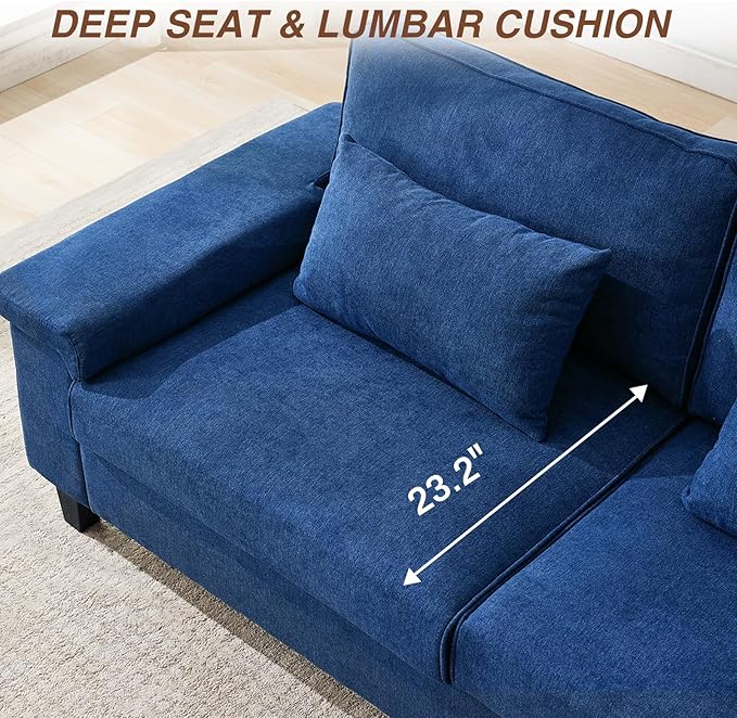 79'' Deep Seat Sofa for Living Room Mid Century Modern 3 Seater Couch with Adjustable Armrests &amp Charging Ports Navy Blue Loveseat for Apartment Home Office
