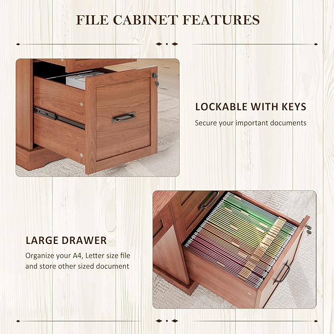 Whalefall 55'' Farmhouse Desk Home Office with Drawers Executive Computer Desk Wooden with File Cabinet and Charging Station Cherry Brown