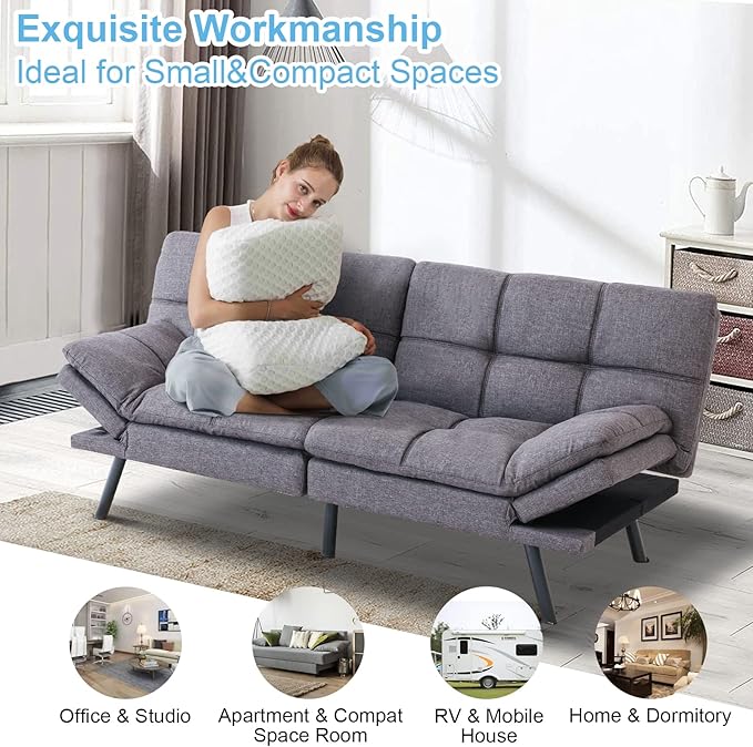 Opoiar Modern Convertible Sleeper Sofa Memory Foam Futon 71x33x32 Loveseat Bed Breathable Linen Adjustable Lounge Couch with Metal Legs Dark Grey