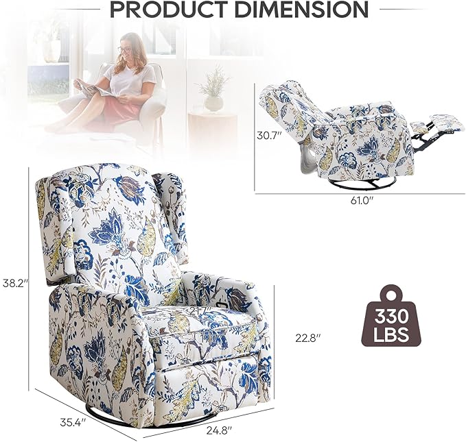 Swivel Rocker ReclinerWingback Recliner ChairFloral Accent Chair Fabric Chair with High BackPadded Seat for Living RoomBedroom Home Office (Blue)