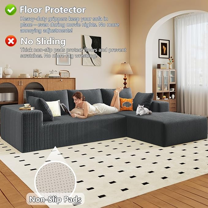 96 Modular Sectional Sofa Modern Corduroy Cloud Couch with Deep Seat Boneless Couch Upholstered 3-Seater L-Shaped Sofa for Living Room No Assembly Required (Dark Grey Right-Facing Chaise)