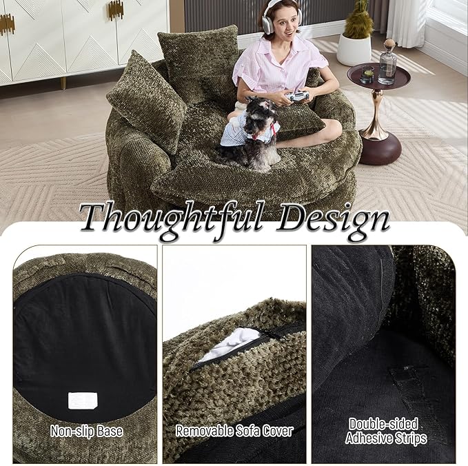 54 Oversized Round Chair Couch Lounge Chaise Indoor Comfy Boneless Sofa for Living Room Cloud Large Circle Couch Chair with 5 Pillows Fluffy Modern Sleeper Sofa Bed for Reading (Olive Green)