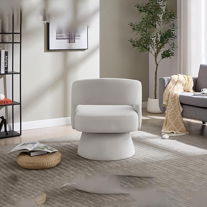 360 Degree Velvet Swivel Barrel Chair Modern Round Accent Armchair Open Back Foam Cushions Metal Swivel Base for Living Room Bedroom Office (Beige)