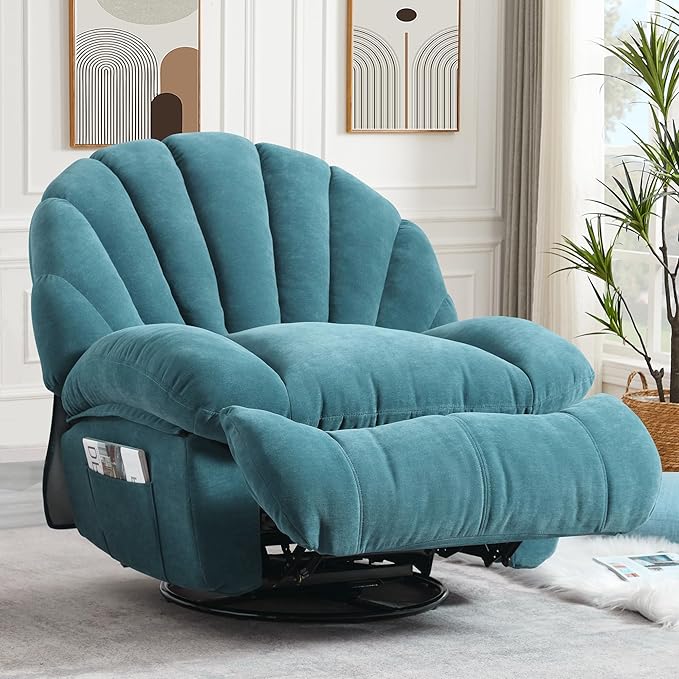 Swivel Rocker Recliner Chair – Shell Shape Manual Big Tall Single 360° Swivel Reclining Sofa with Storage Pockets | Small Space-Friendly for Living Room/Bedroom (NO Massage &amp Heat Green)