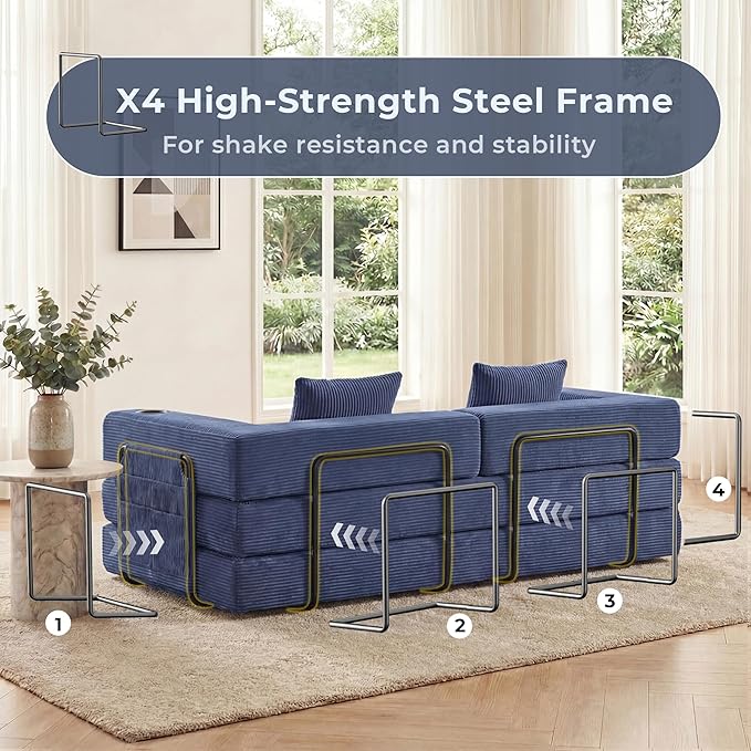 WELAX 72.8 Convertible Sleeper Sofa Bed Boneless Cloud Queen Futon Couches with Cupholders &amp Storage Pockets Corduroy Folding Floor Couch for Bedroom Apartment No Assembly Dark Blue