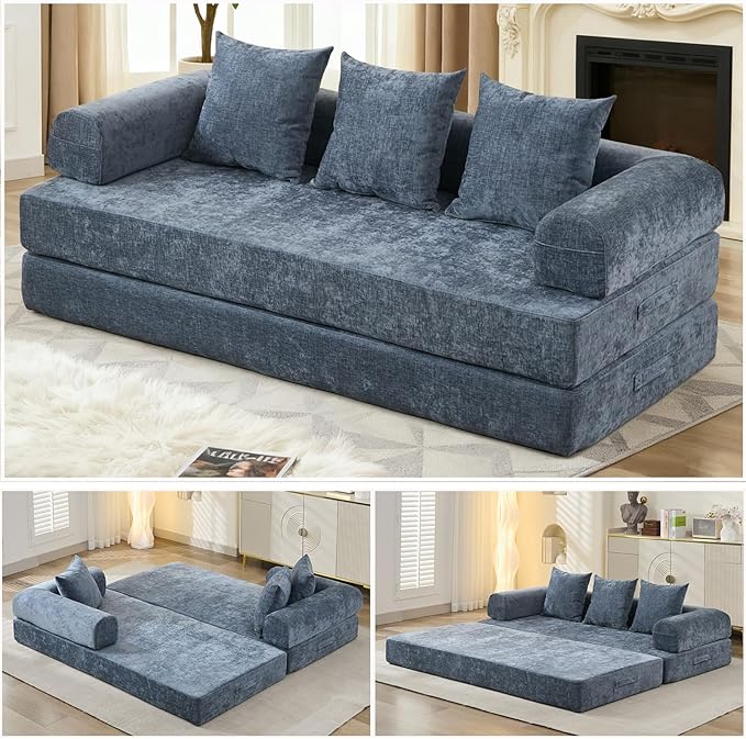 79 Inch 4-in-1 Convertible Sofa Bed Boneless Couches Chenille Folding Sleeper with Pull Out Bed Floor Futon Modular Lounge Loveseat Compressed Sofa No Assembly Required for Living Room (Blue)