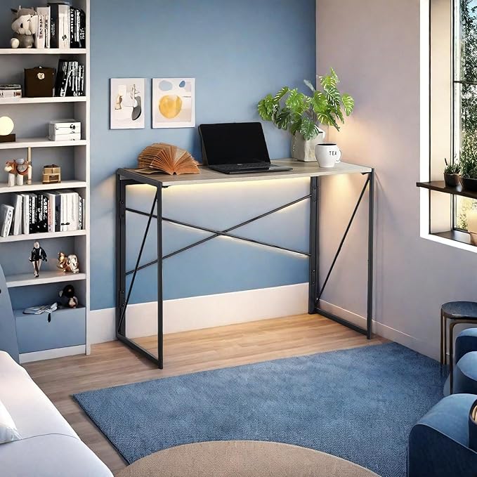 Homy Casa 39.4 Inch Foldable Laptop Desk Space-Saving Computer Table with No Assembly Required Sturdy Metal Frame Minimalist Design for Home Office Study or Small Spaces Oak