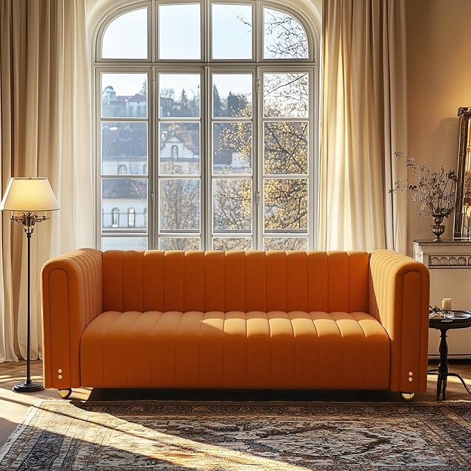 82 Deep Seat Sofa - Gold Leg Modern Couch with Serpentine Springs 750LBS Capacity &amp Fade-Resistant Fabric for Living Room (Emerald Green/Burnt Orange/Classic Black) (Orange 3S)
