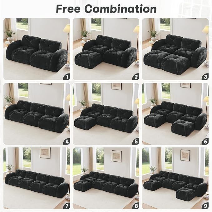 140.9'' Modular U Shaped Sectional Couches for Living Room Modern Velvet Cozy Boneless Sofa with 2 Ottoman No Assembly Required Comfy Couch Black Cloud Boneless Couch in a Box Sofas para Sala