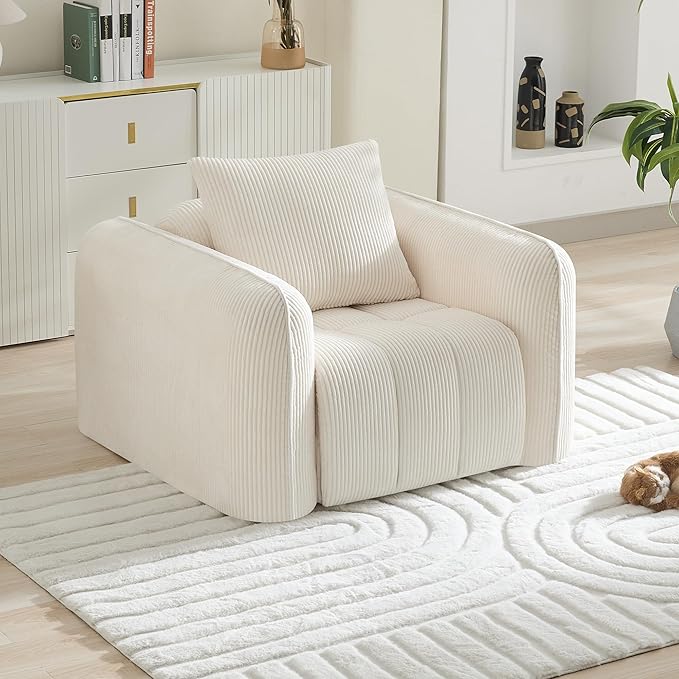 Oversized Boneless Corduroy Accent Chair Comfy Deep Seat Armchair for Bedroom Modern Upholstered Living Room Sofa Chair with Pillow No Assembly White