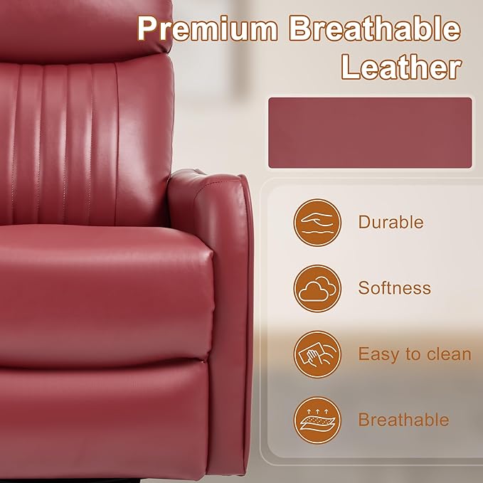 Manual Swivel Rocker Recliner Chair for Adults Overstuffed Reclining Glider Chair for Nursing with Vibration Massage &amp Heat Living Room Rocking Recliner 2-Stage backrest Faux Leather Red