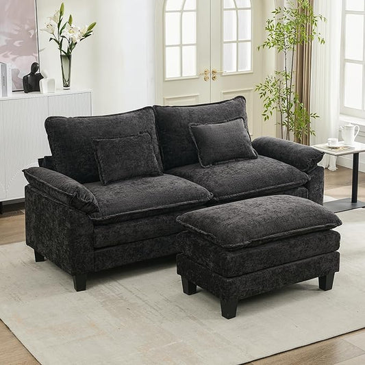 URRED Cloud Couch Modular Sectional Sofa 87 Modern L Shaped Deep Seat Sofa with Ottoman &amp Pillows Ultra Comfy Chenille Couches for Living Room Bedroom or Apartment Black
