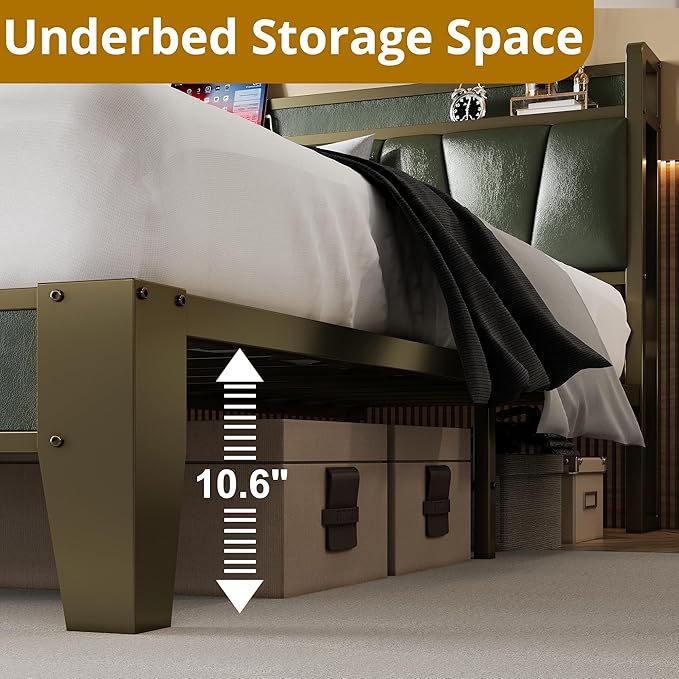 LIKIMIO Twin XL Bed Frame Storage Headboard with Charging Station Solid and Stable Noise Free No Box Spring Needed Easy Assembly (Dark Green)
