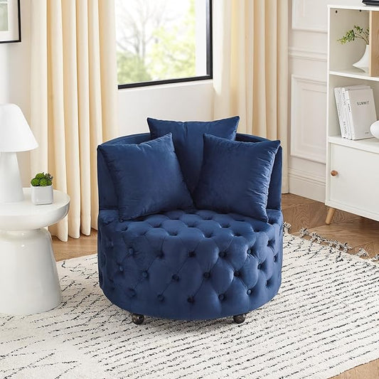 360° Swivel Barrel Chair 30W Modern Velvet Upholstered Round Accent Chair with Button Tufted Design &amp 4 Movable Wheels Comfy Small Armchair for Living Room Bedroom Nursery Sillas Para Sala Blue