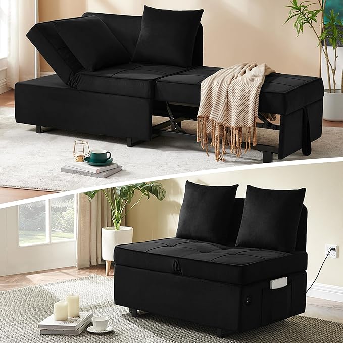 Sofa Bed 4-in-1 Convertible pull out Couch Velvet Love seat Couch Sleeper Chair Bed with 2 Throw Pillow Single Recliner with 5 Adjustable Backrests for Living Room Apartment Small Space Black