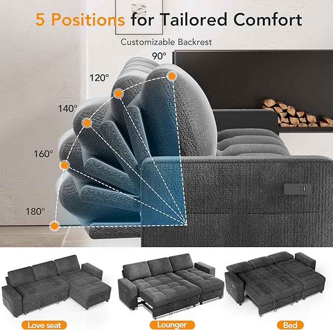 Vipbear 81 Sectional Sleeper Sofa with Pull Out Bed L Shaped Sleeper Sofa Pull Out Couch with Reclining Backrest Reversible Storage Chaise USB Ports Tool-Free Assembly Chenille Dark Grey