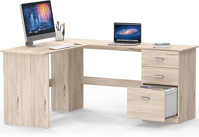 SHW 51 x 59 Inches L-Shaped Home Office Wood Corner Desk with Box Box File Drawers Maple