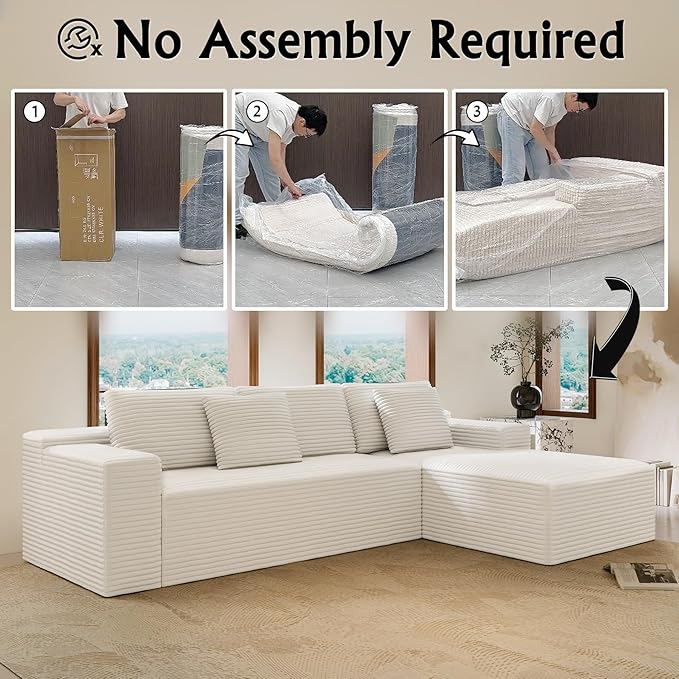 White sectional couches for Living Room Corduroy Couch104 Cloud Sectional Couch with L-Shape Chaise Modern Modular Sofa Deep Seat Comfort No Assembly Required(Plush Corduroy Fabric)